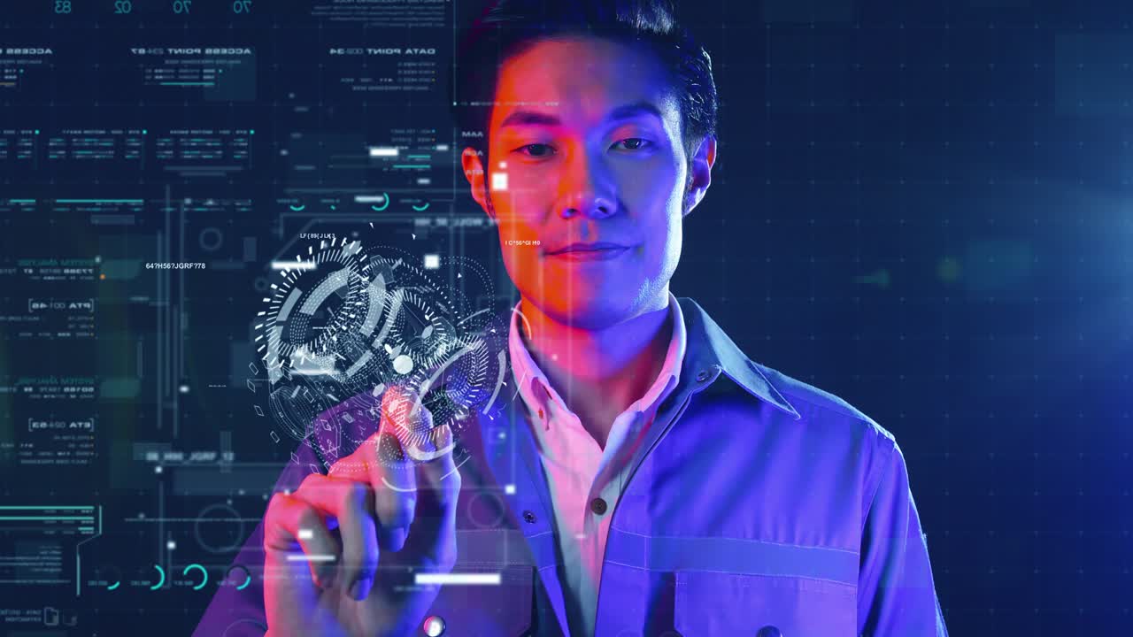 ingeniero asiático y tecnología de fábrica inteligente, ingeniero de control de piezas de máquinas, proceso industrial, alta tecnología, tecnología digital, realidad aumentada, industria futurista.