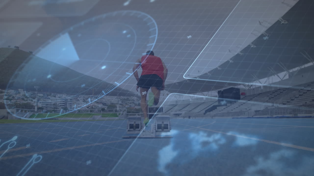 animación de la interfaz con procesamiento de datos sobre la vista trasera de un atleta masculino corriendo en un campo deportivo