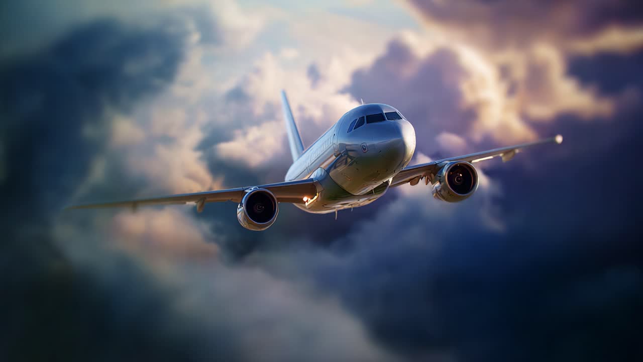 Maestoso aeroplano che solca nuvole suggestive contro un cielo mozzafiato, catturando l'essenza del volo, dell'avventura e la bellezza dell'aviazione in movimento