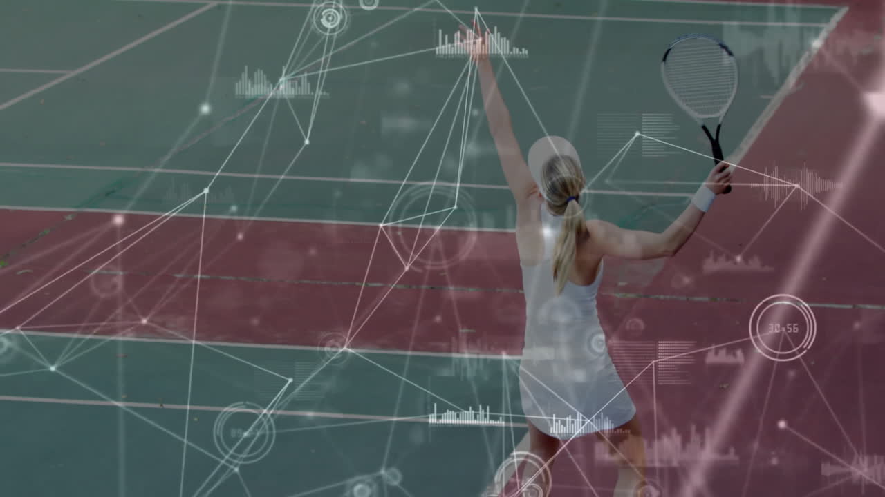 woman serving with racket on hard court, with sports analytics network graphics overlaying play