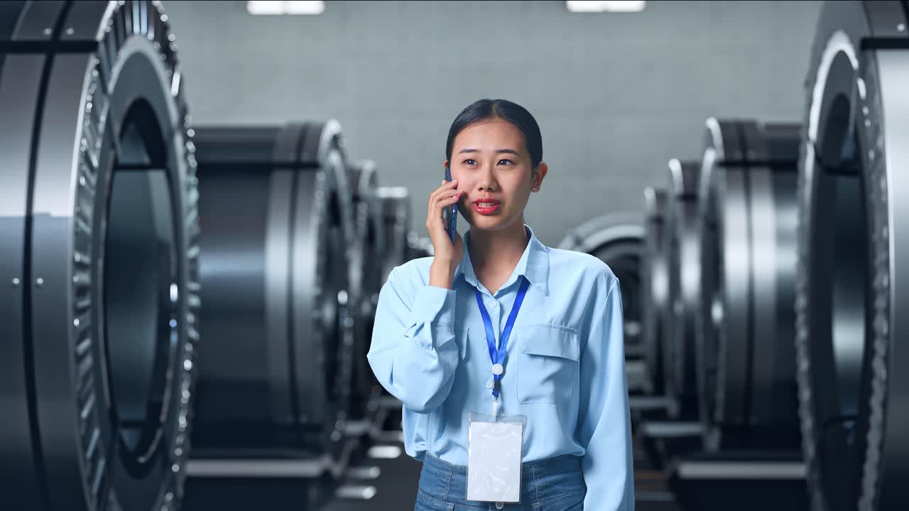 아시아 여성 직업 노동자가 금속 공장, 하이테크 산업 시설에 서서 전화를 들고 이야기하기 시작했습니다.