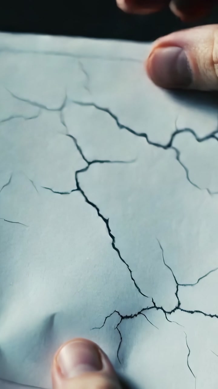 Vertical video: Entering right hand unrolling and smoothing paper at table, checking crack pattern