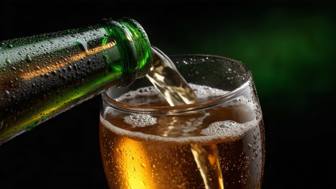 Versamento di bevanda rinfrescante: un primo piano artistico di birra versata in un bicchiere, che mostra bollicine, liquido che schizza e una bottiglia scintillante su uno sfondo scuro