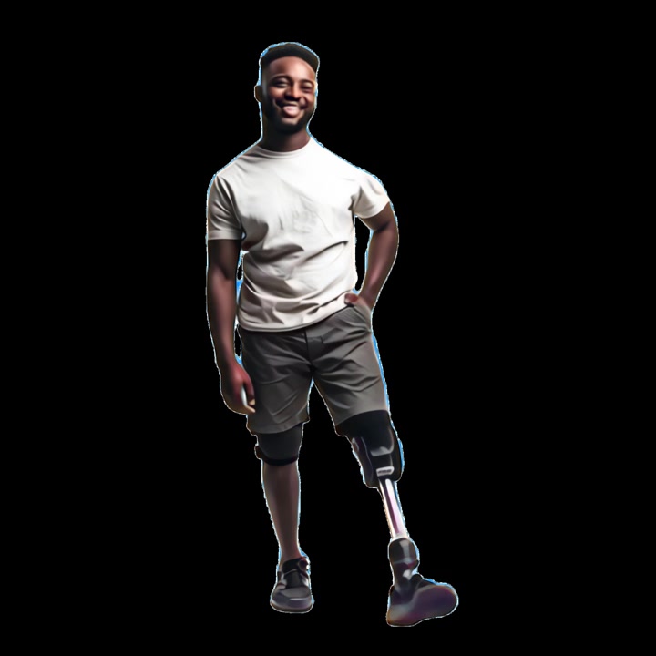 Smiling Young Man with Prosthetic Leg Walking Towards Camera