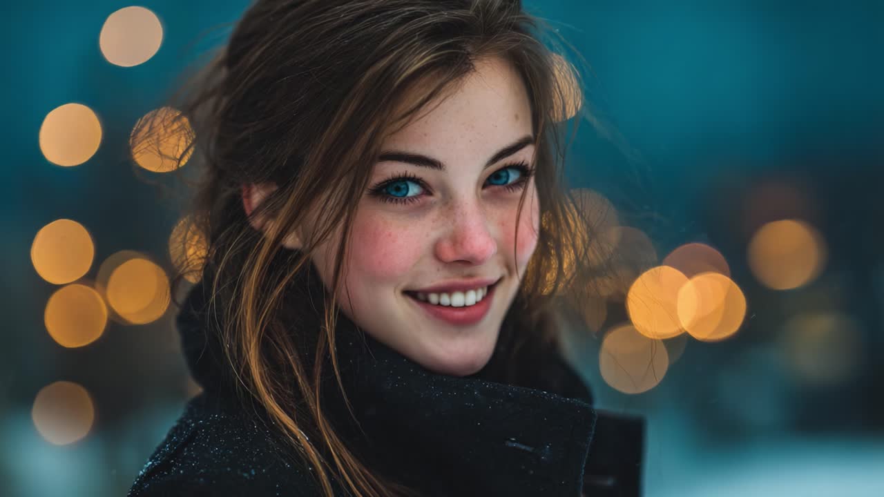 A Captivating Smile Against a Winter Wonderland: This enchanting portrait captures the essence of joy and warmth in a snowy landscape, creating a magical moment of beauty