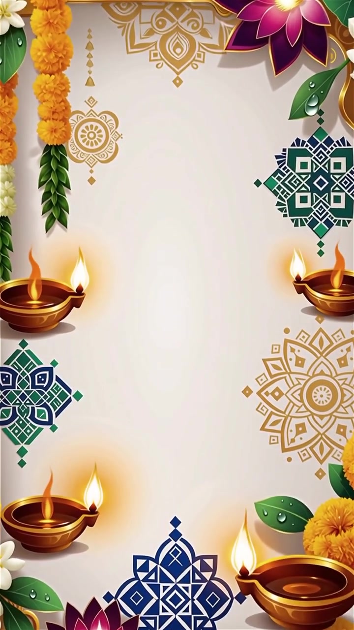 Sfondo Diwali con Diyas luminosi, Rangoli e fiori di loto