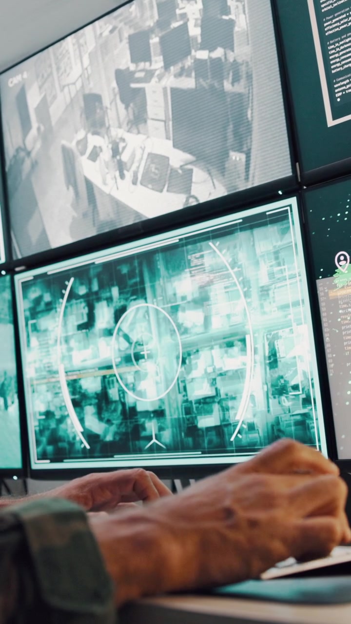 Military Personnel Monitoring Surveillance Footage on Multiple Computer Screens