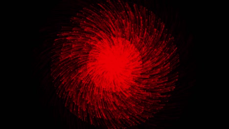 espiral abstracta girando líneas rojas brillantes sobre fondo negro, bucle sin costuras. animación. movimiento rápido y rotación de líneas y partículas.