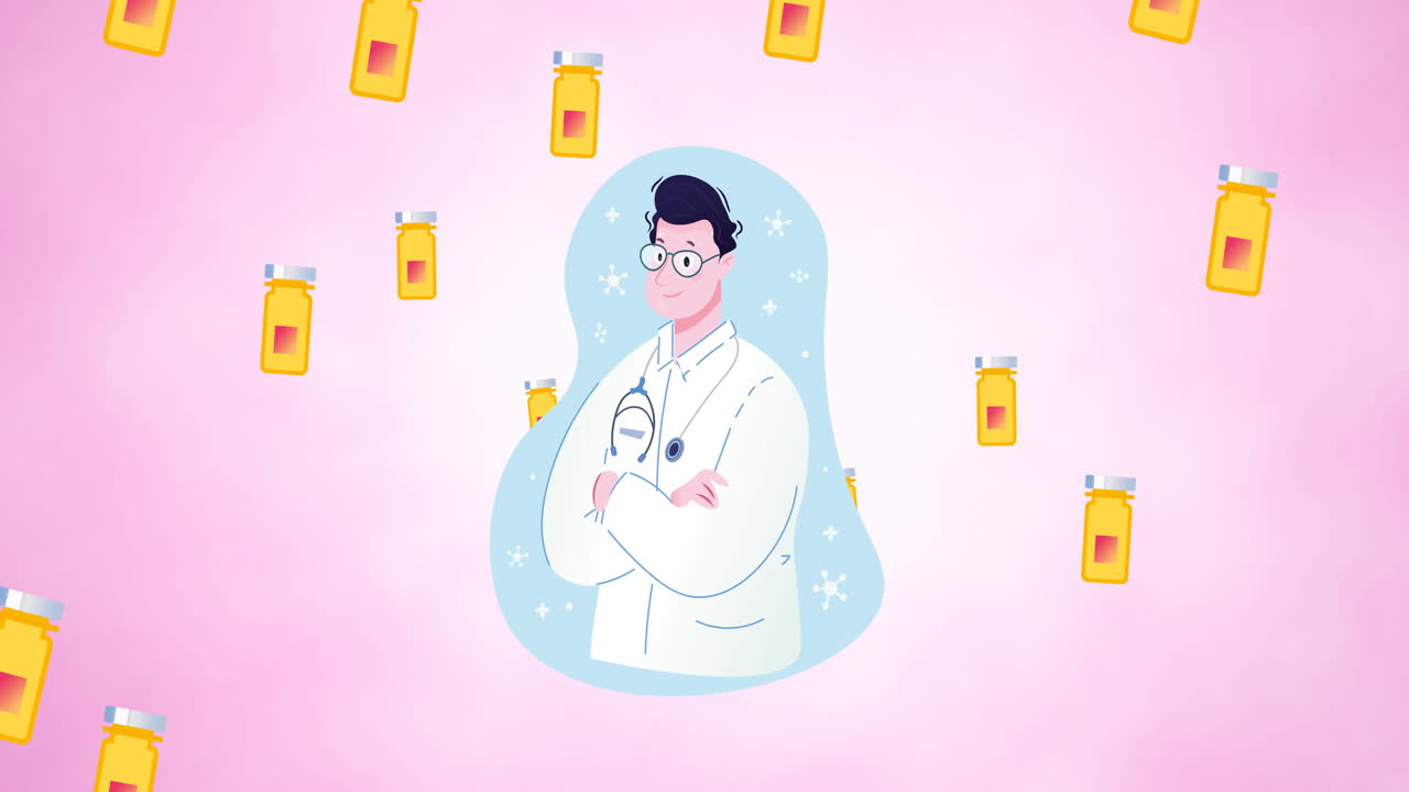 색 배경에 있는 의사와 약 상자 아이콘의 애니메이션