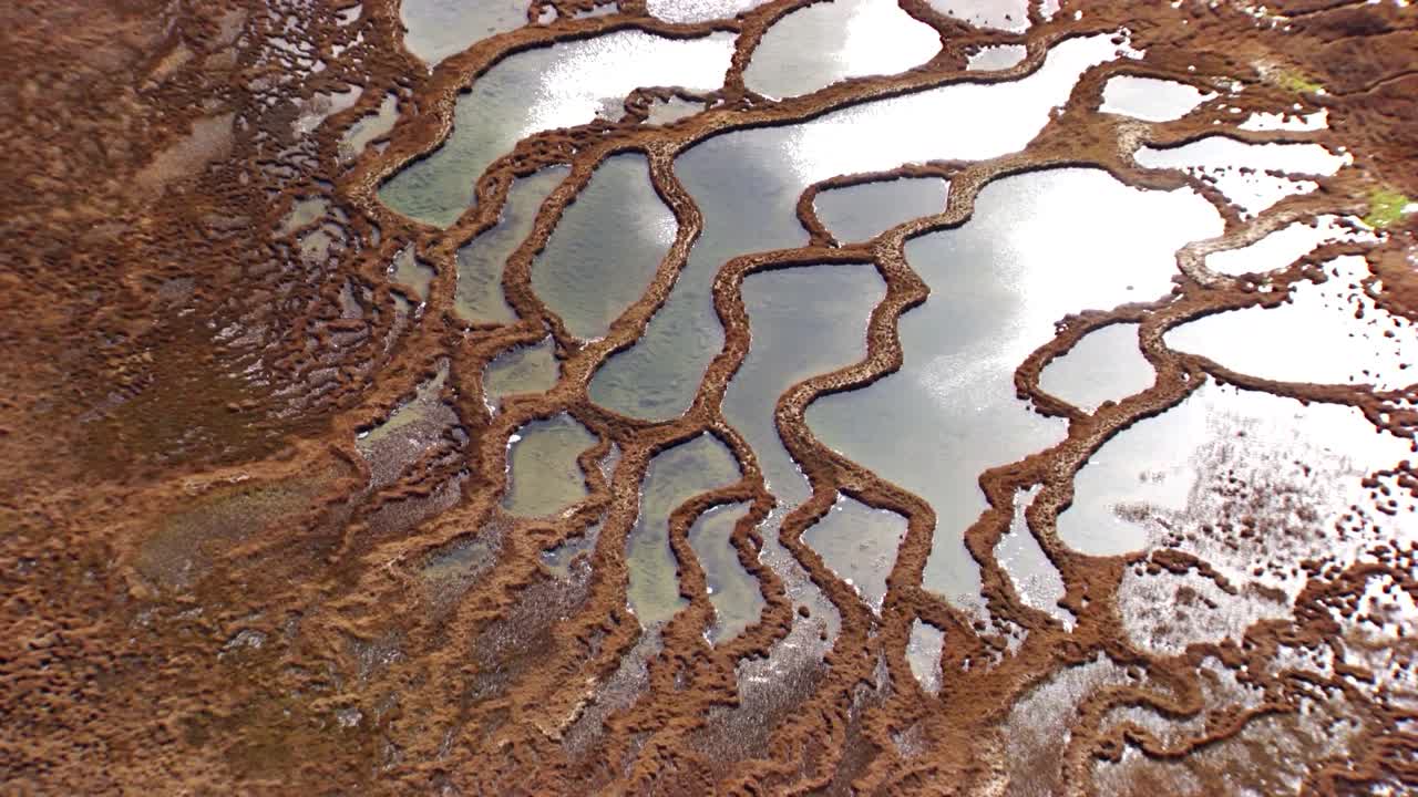 A stunning aerial view of a marshland reveals a complex network of winding water channels and reddish-brown vegetation. The reflective pools and textured landmasses showcasing the ecosystems