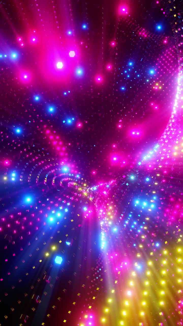 A colorful, neon-like pattern with bright lights and colors. Vertical looped animation