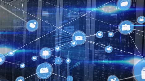 animation of network of connection with email icons over computer servers