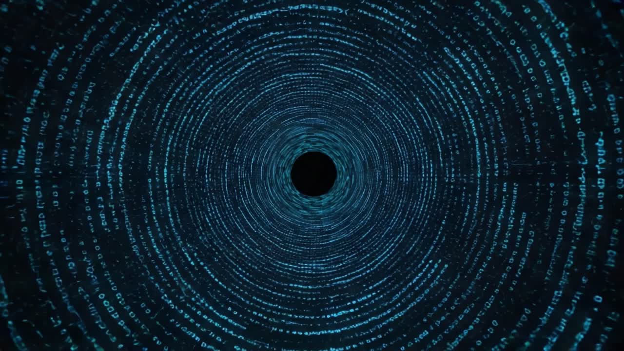 A mesmerizing visual journey through a swirling vortex of binary code, creating an illusion of depth and movement in a digital landscape filled with information