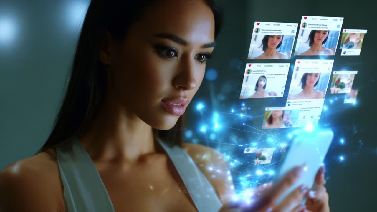 A Captivating Exploration of a Young Woman Engaged with Her Smartphone, Surrounded by a Digital Display of Social Media Posts and Visual Interactions, Highlighting Modern Connectivity and Online Engagement