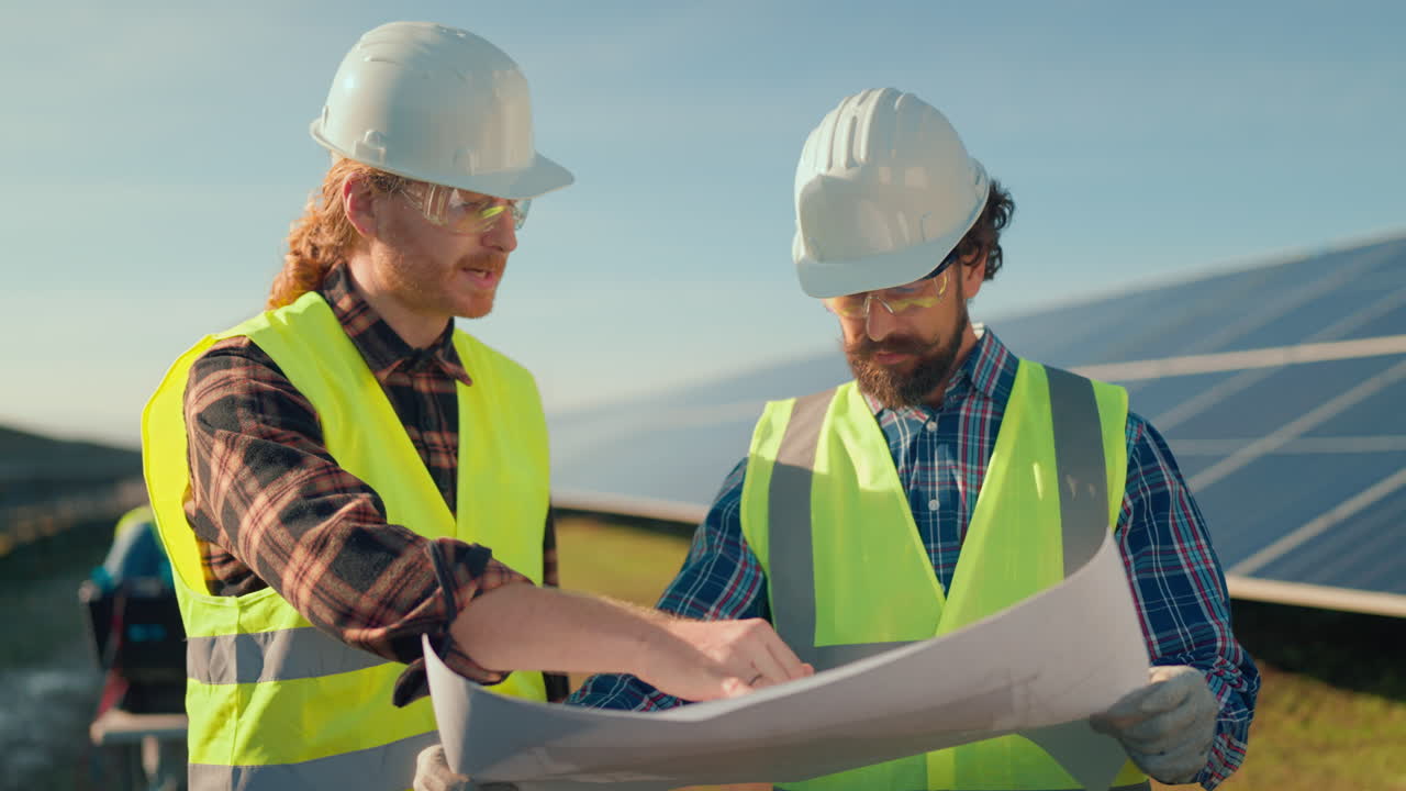 Engineers review solar panel construction plans