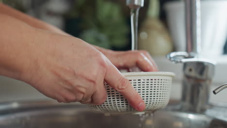 close up hand view of woman turning on kitchen tap to wash fresh blackberries in white strainer over stainless steel sink, preparing fruits for rinsing with indoor plants in soft-focus background