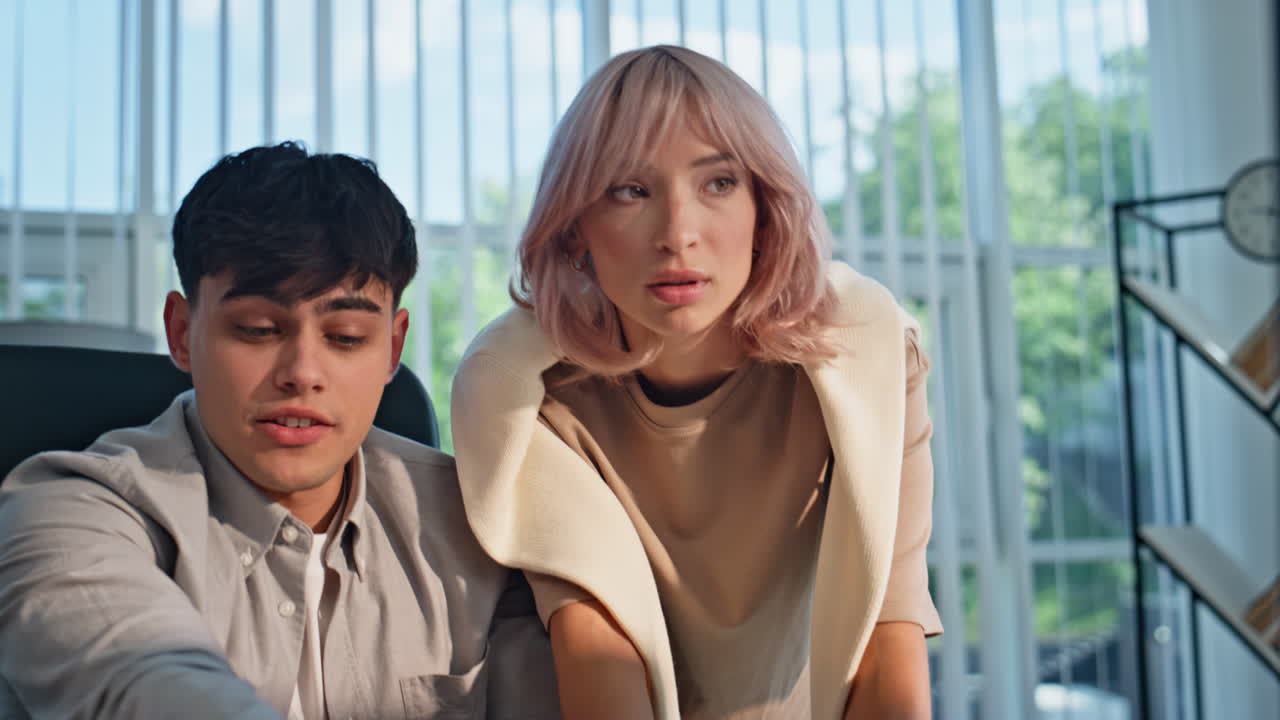 Nervous boss working computer in buro agency closeup. Secretary bringing papers