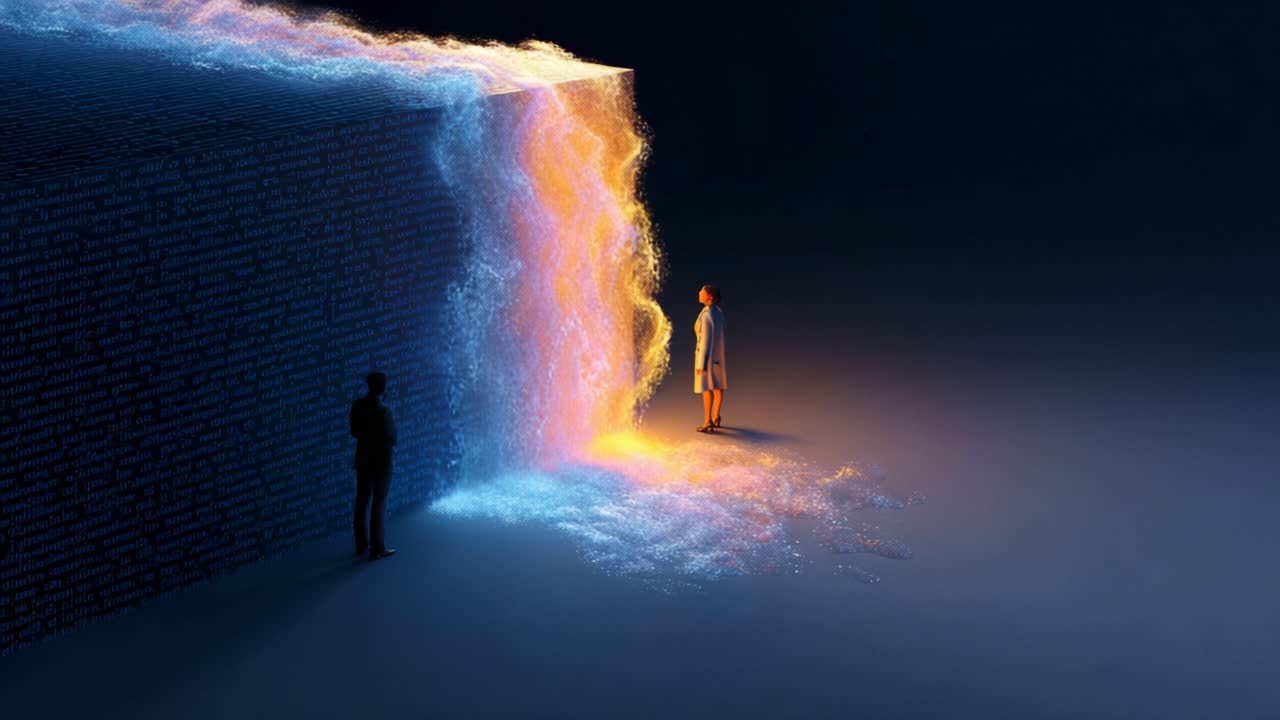 A surreal representation of transformation, as a mysterious figure stands before a vibrant waterfall of light cascading from a dark wall, symbolizing the merging of reality and illusion