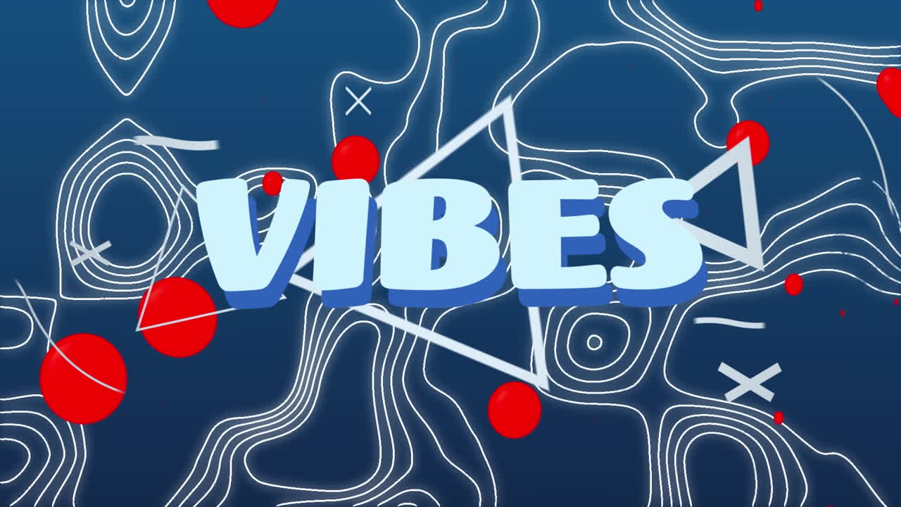 Animatie van een 'vibes'-tekstbanner over rode vlekken tegen topografiepatronen op een blauwe achtergrond