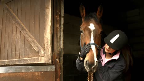 pretty brunette with horse in stable