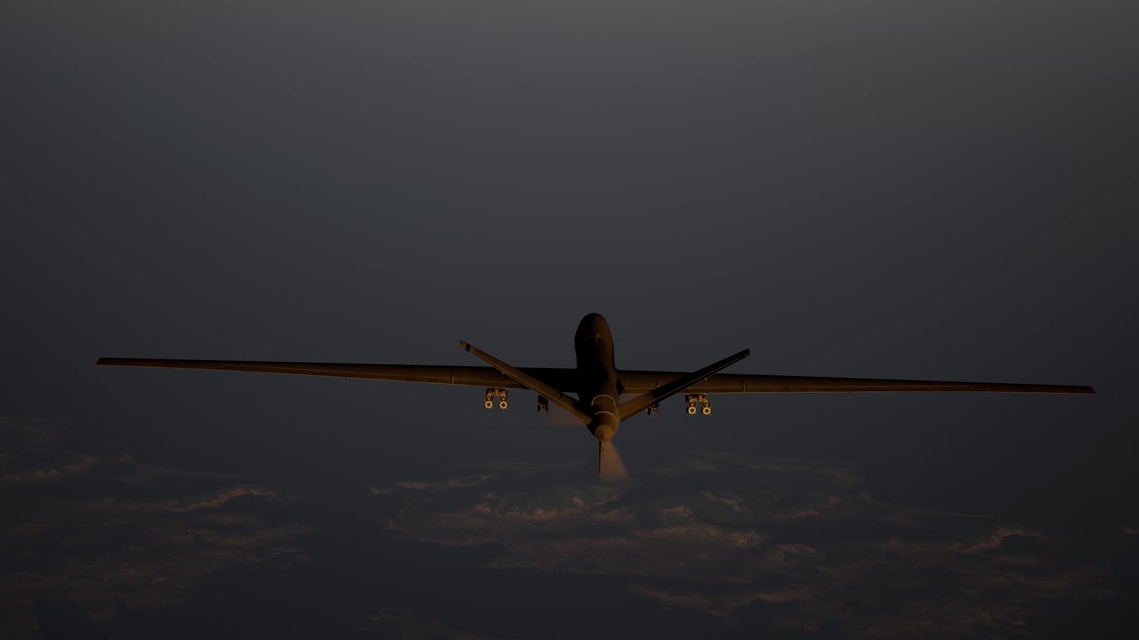 военный самолет, улетающий с поля боя при заходе солнца. военная концепция