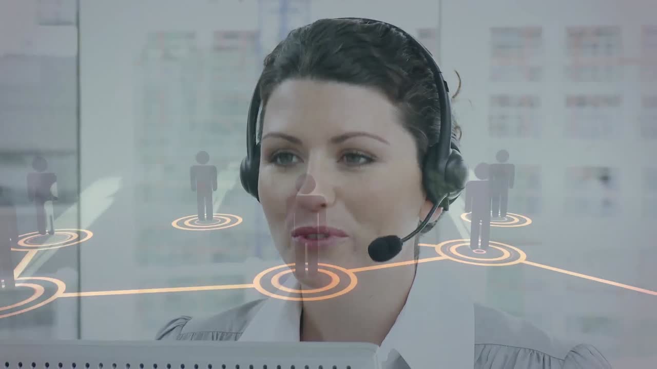 animación de redes de conexiones con iconos sobre mujer de negocios usando auriculares de teléfono