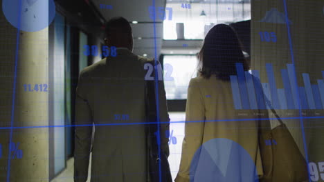 animación de gráficos y números cambiantes, diversos compañeros de trabajo discutiendo mientras salen de la oficina