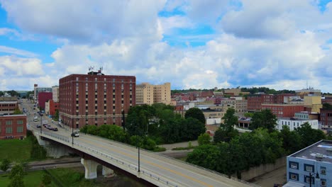 Aerial-drone-footage-of-downtown-Jamestown,-New-York,-during-summer-time-on-a-sunny-day