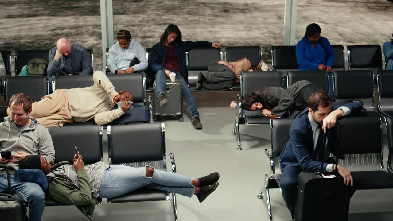 Persone affaticate nella lounge dell'aeroporto sdraiate su panchine metalliche