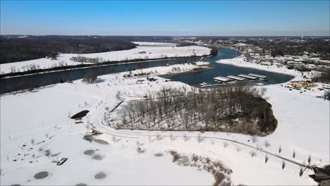 descending shot of clarksville marina after a snowstorm