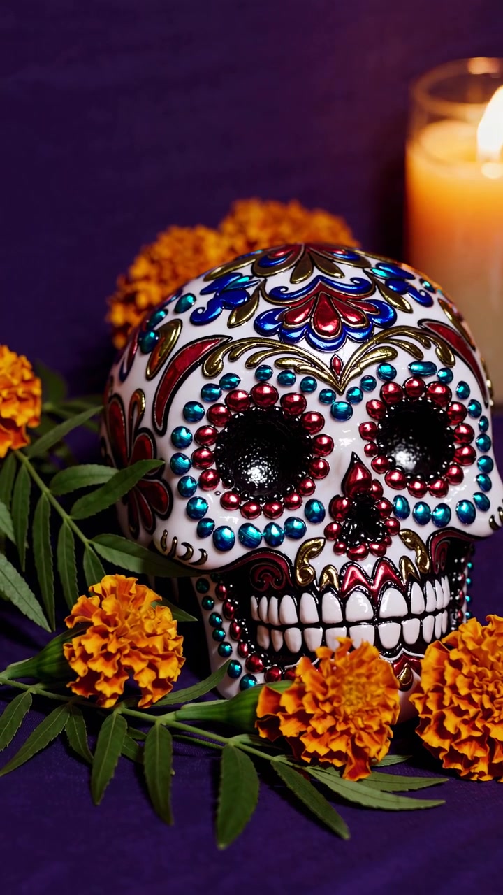 Teschio di zucchero decorativo con calendule e candela per il Día de los Muertos