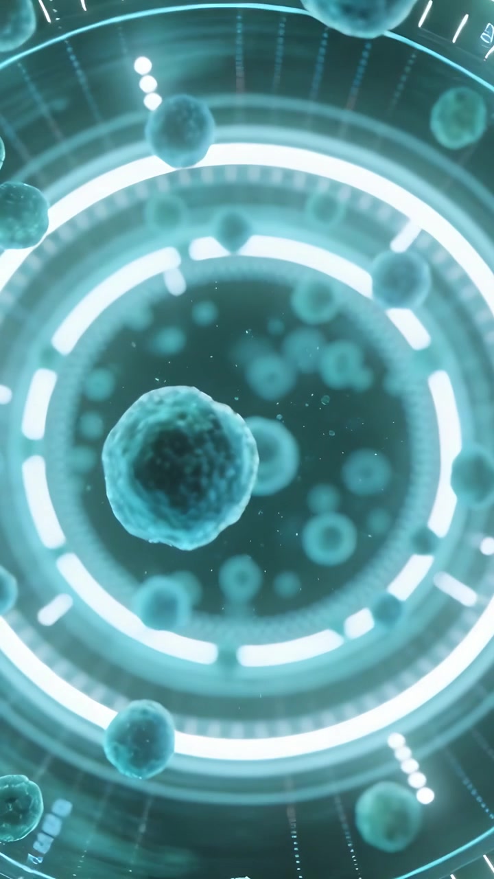 Vertikal video: Startsekvens viser flydende turkis celle centreret, HUD scanner efter scanning