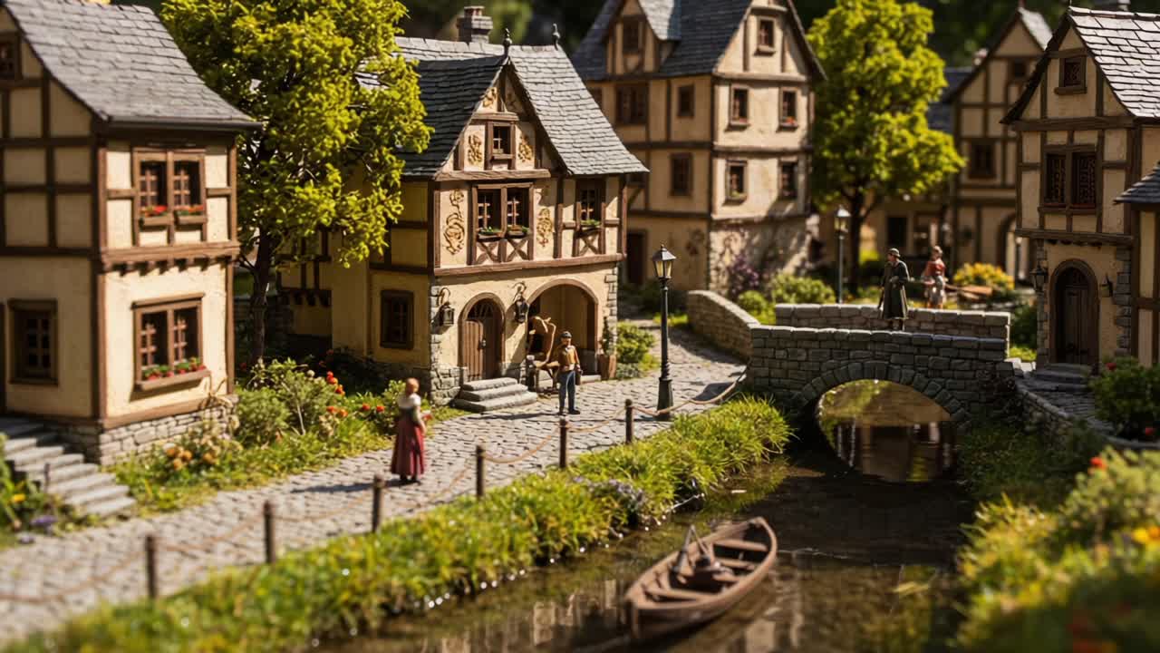 Charming Miniature Village Scene Featuring Detailed Architecture, Lifelike Characters, and Tranquil Waterway Captured in Two Frames