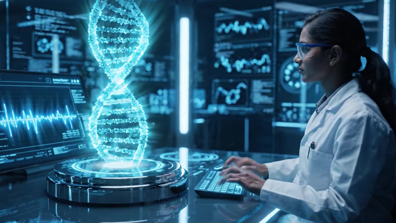 Výzkumný pracovník analyzující genetická data v high-tech laboratoři s pokročilými vizualizacemi a interaktivními displeji pro genetický výzkum a analýzu.