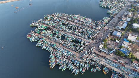 top-down aerial of boats in kasimedu fishing harbor bustling with morning activity