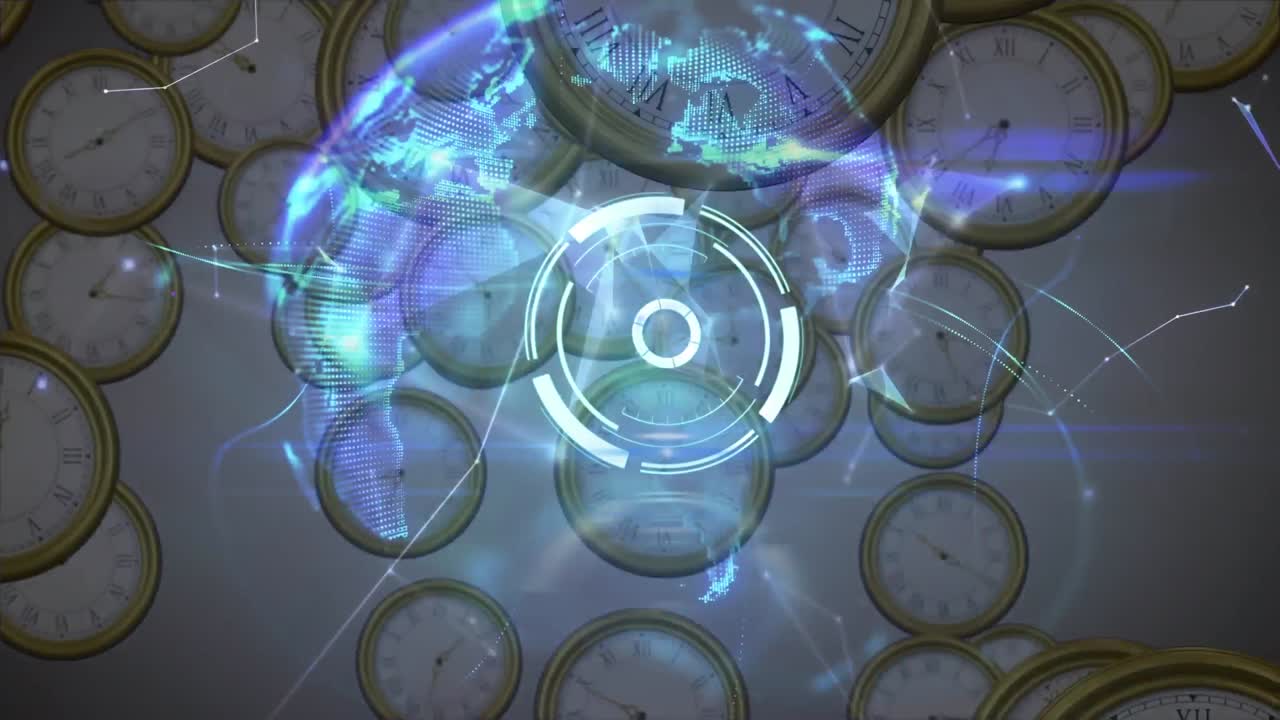 animación del globo, escaneo de alcance y red de conexiones a través de relojes móviles