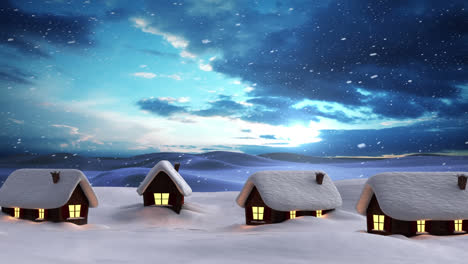 Snow-falling-over-multiple-houses-on-winter-landscape-against-blue-sky