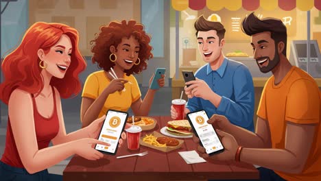 a group of friends engaging with their phones while enjoying a meal at a casual dining spot, sharing laughter and good times over food and drinks