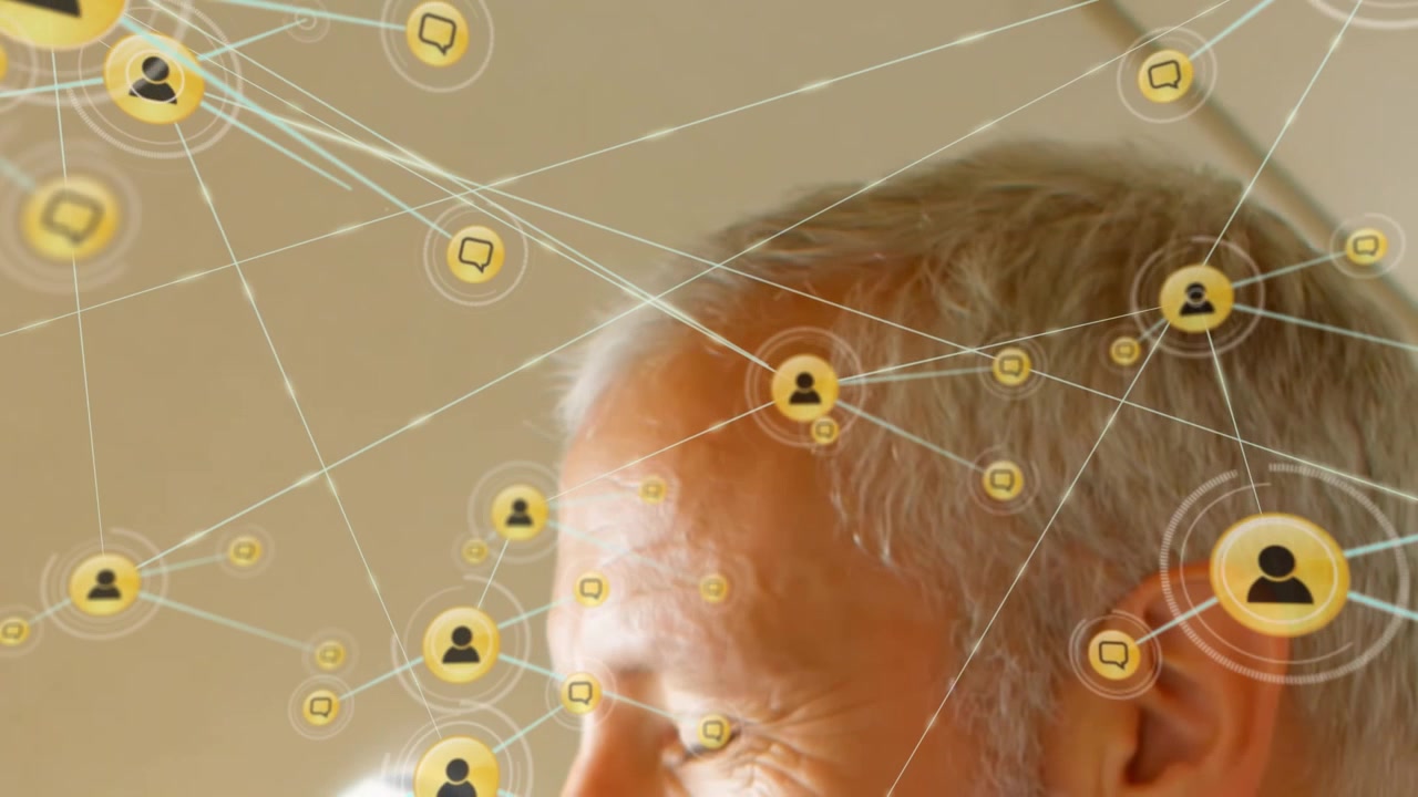 Animation of network of connections with people icons over caucasian businessman on plane
