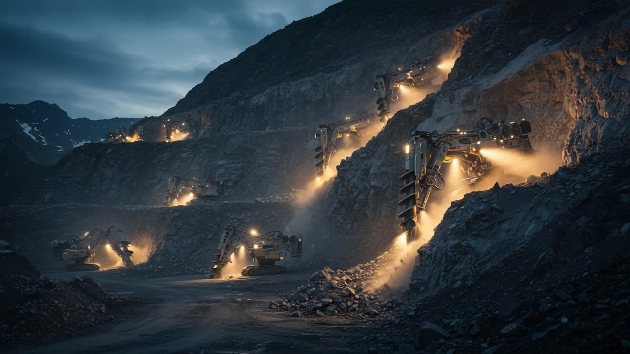 Massive Mining Machinery Operating in a Quarry During Twilight, Illuminating the Landscape with Powerful Lights and Removing Earth with Precision and Efficiency