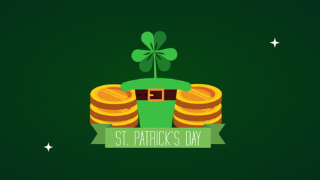 tarjeta animada del día de san patricio con sombrero de elfo y tréboles