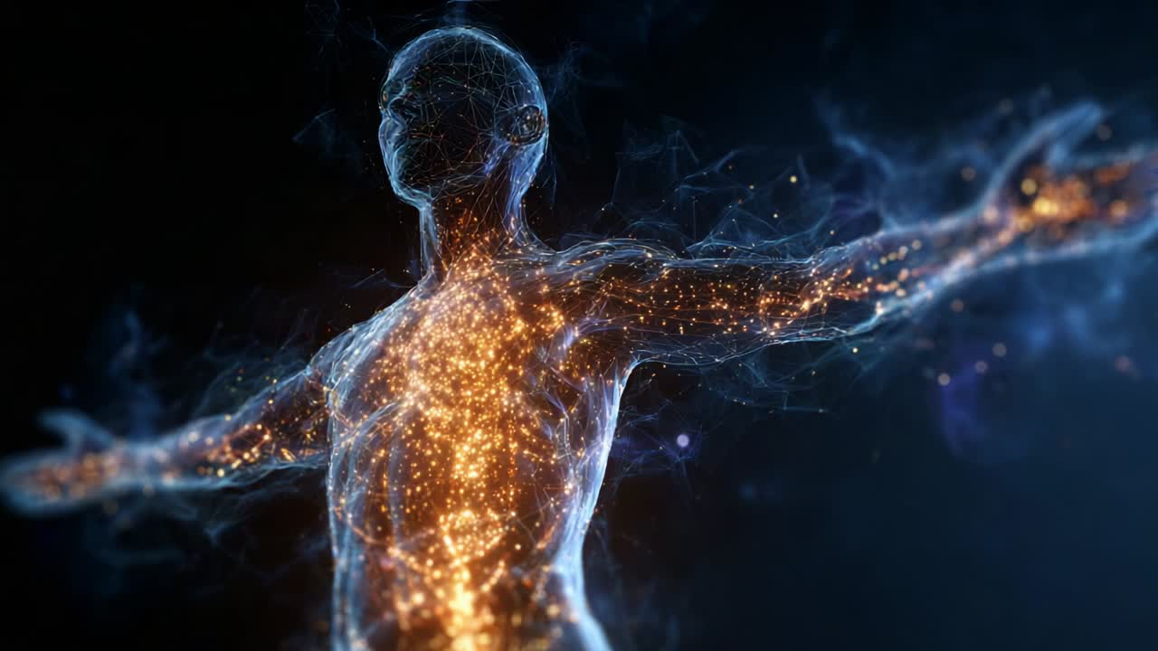 A captivating visual representation of a human figure illuminated by a cascade of glowing particles and energy, showcasing the intricate interplay of life force and the beauty of human existence in a mesmerizing digital space