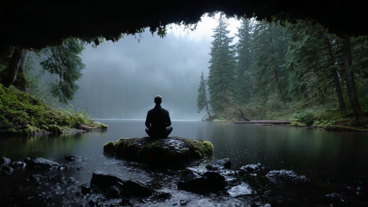 Serene Individual Meditates Peacefully Amidst Nature's Calm, Enveloped by Ancient Trees and Reflected Waters in a Mystical Cave Setting