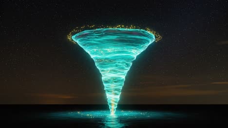 a mesmerizing vortex formation illuminated with sparkling lights over a dark oceanic background, capturing the enchantment of nature's power and beauty