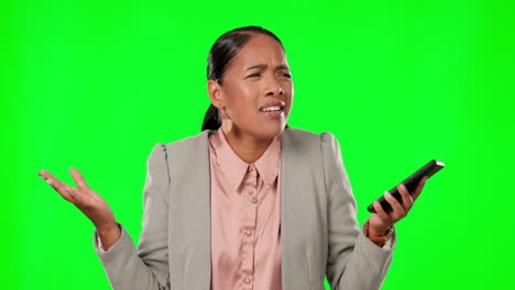 Green-screen,-angry-and-businesswoman-on-a-phone
