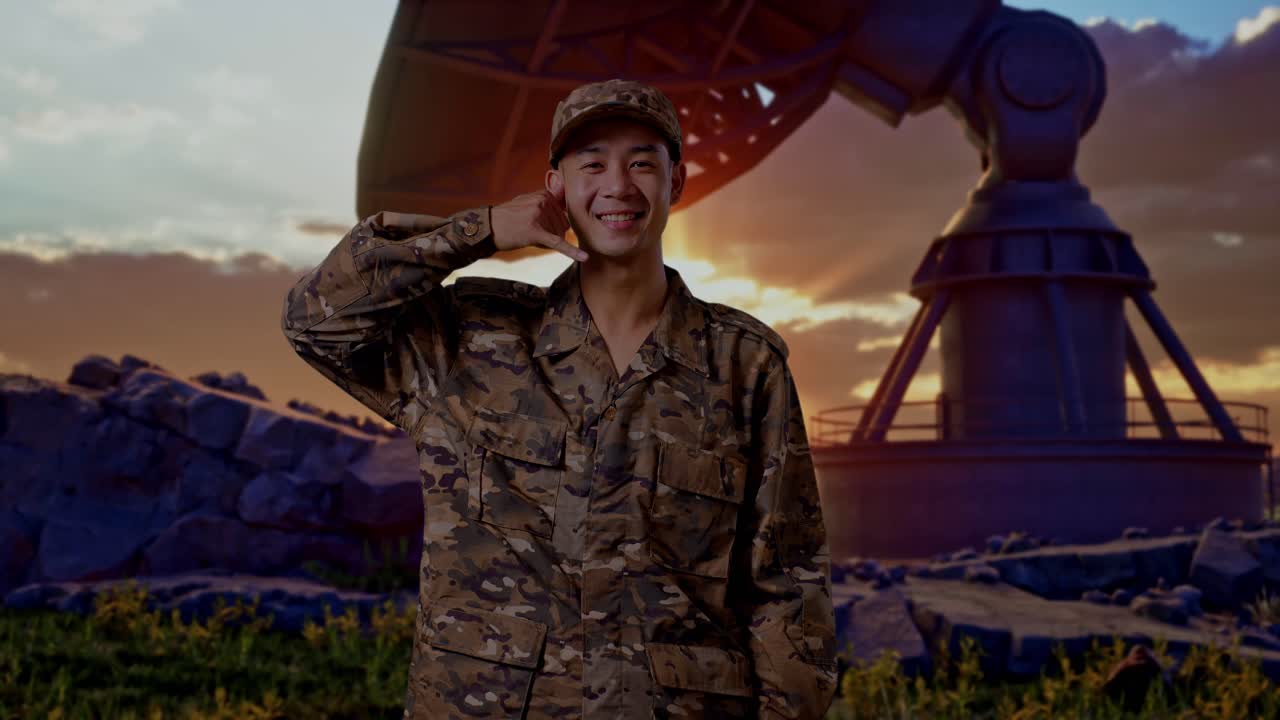 Asian Man Soldier Smiling And Making Call Me Gesture To Camera While Standing With Satellite Dish