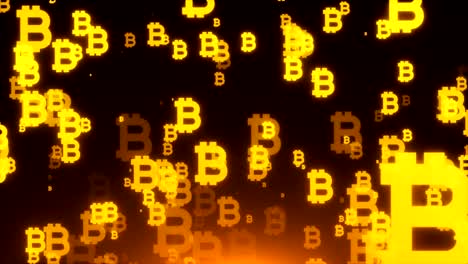 muchos símbolos de oro bitcoin están en el espacio, negocio 3d renderización de fondo, telón de fondo de internet