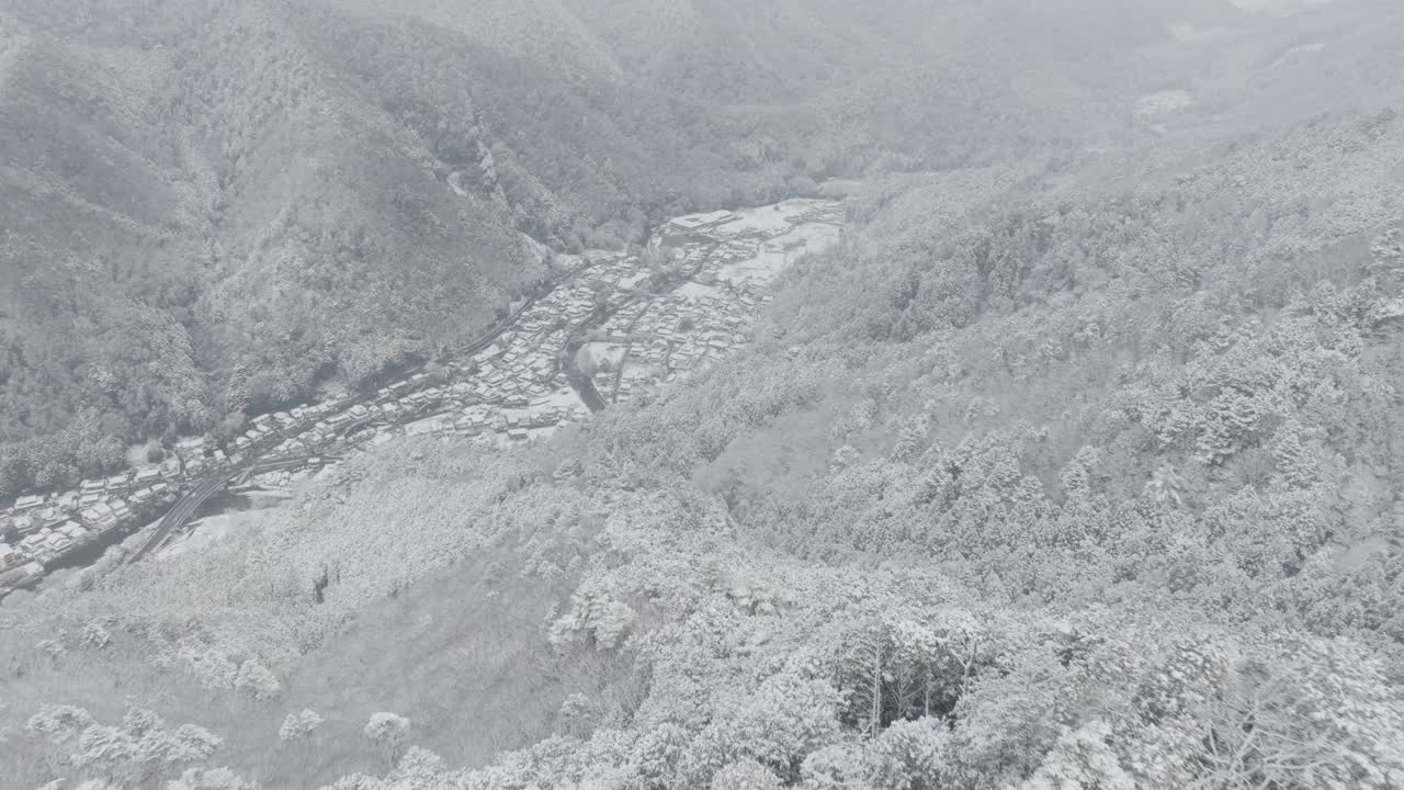 Establishing Drone Fly Over Suburban Yase Neighborhood in Snowy Kyoto Japan