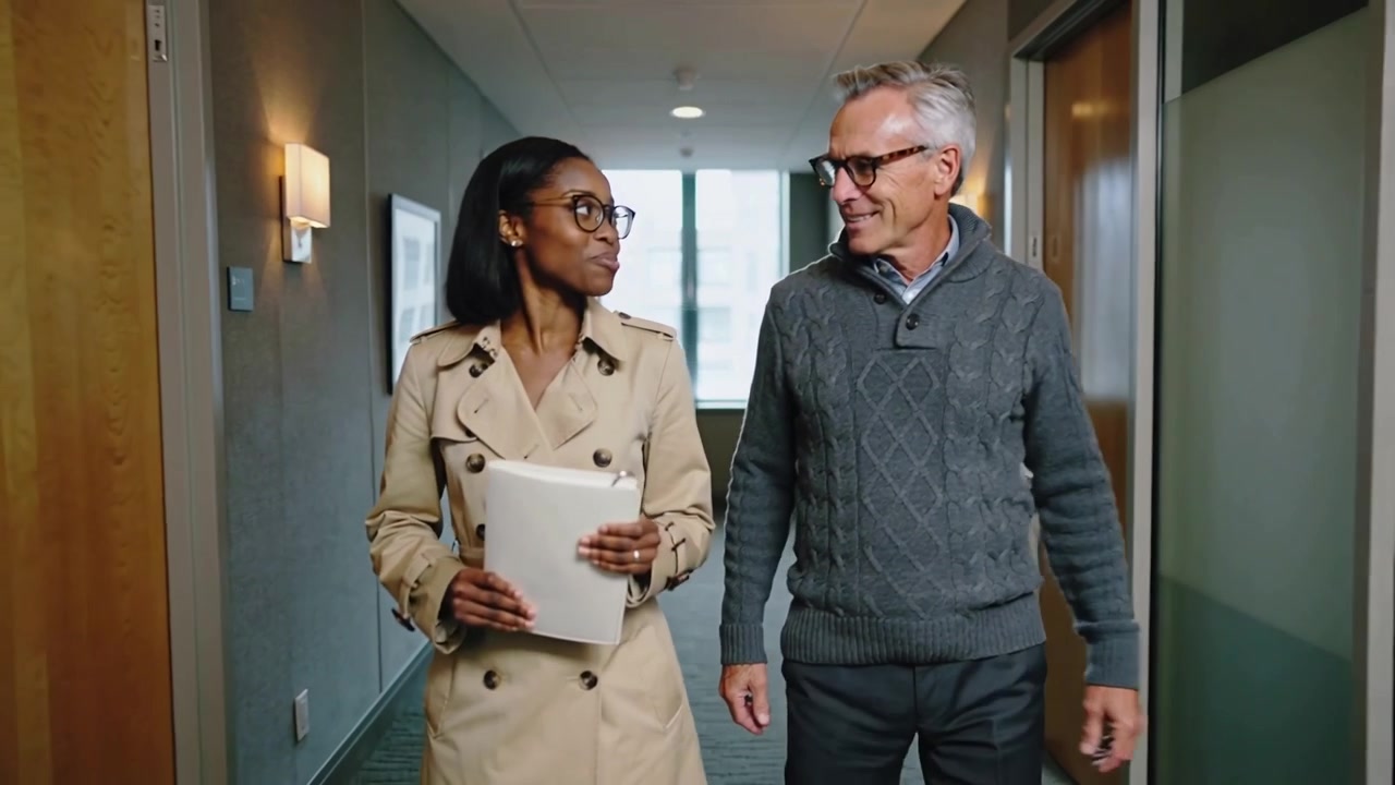 Walking colleagues wearing beige coat, grey sweater turning heads and holding papers in office hall