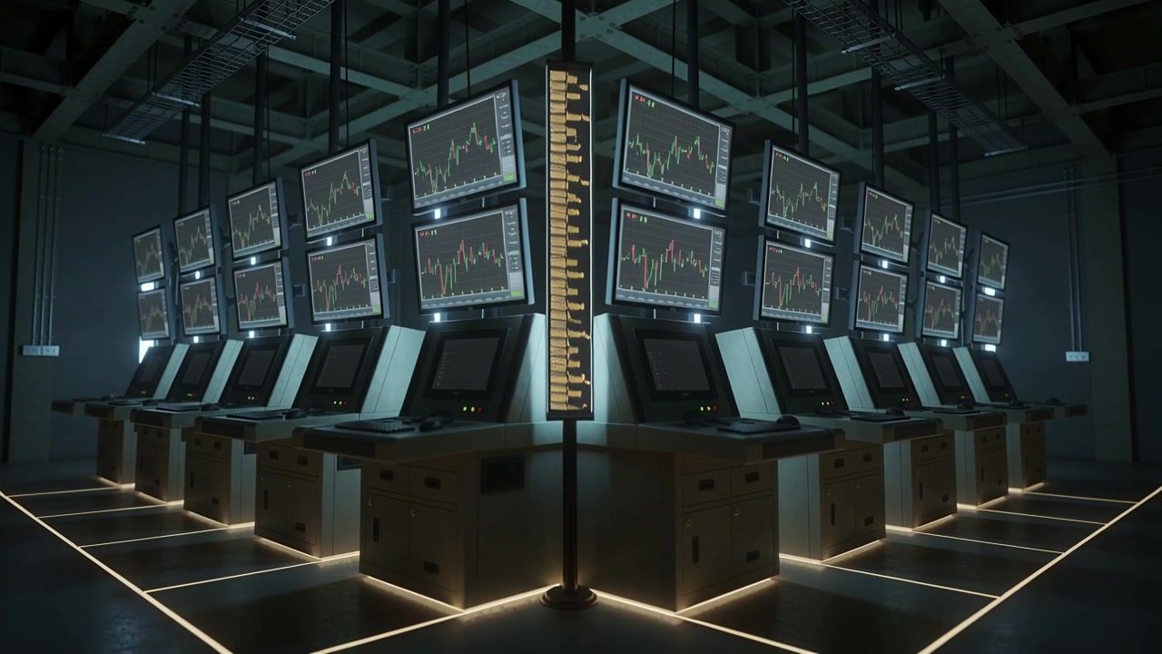 Sala di trading finanziario futuristica con molteplici monitor per il mercato azionario